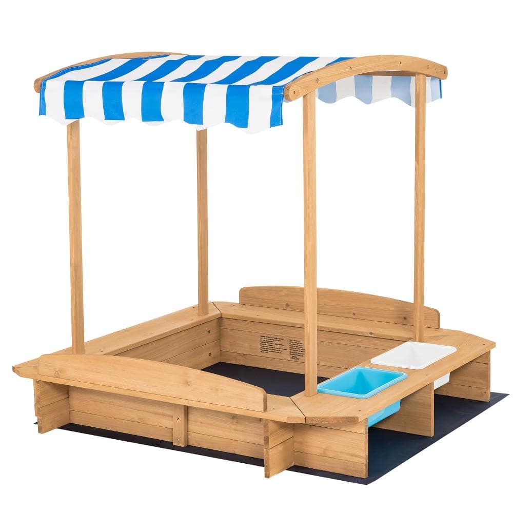 46.3 in. Fir Wood Kids Sandbox with Striped Oxford Canopy, Bench Seats and Ground Liner, Natural price history on PriceWatchPro