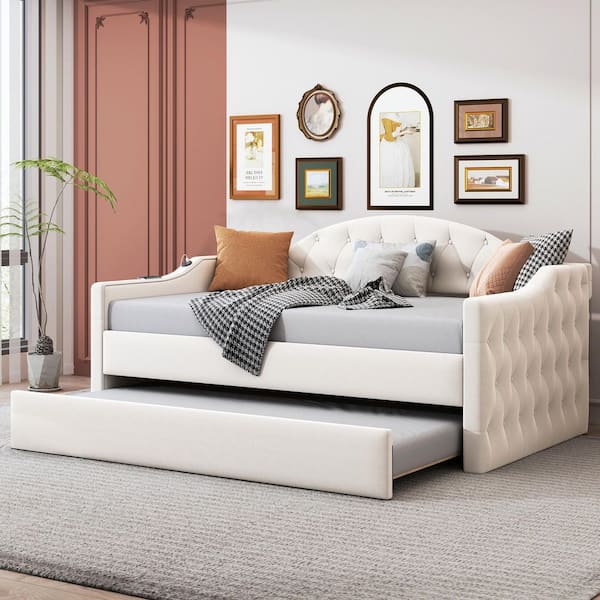 Vickers Modern Beige Twin Size Tufted Upholstered Velvet Daybed with Trundle, USB&Type-C Charging Ports