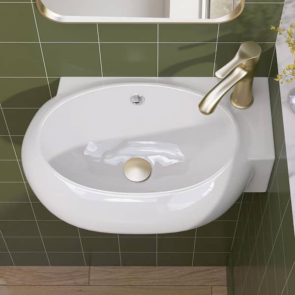 16.5 in. W x 11in. D x 5.7 in. H White Porcelain Ceramic Oval Wall-Mounted Bath Vessel Sink Single Bowl w/ 1 Faucet Hole