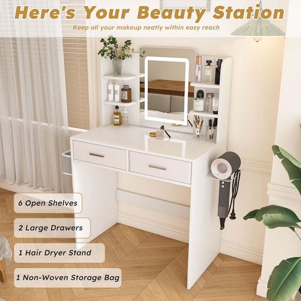 White Drawers Makeup Vanity Desk Dressing Table with Mirror