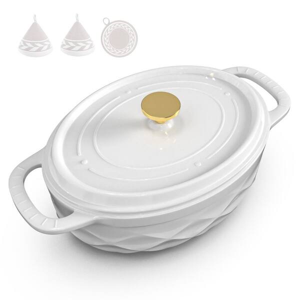 7.5 qt. Oval Enameled Cast Iron Dutch Oven in White with Oven Mitts and Pot Holder for Baking, Braising, and Stewing