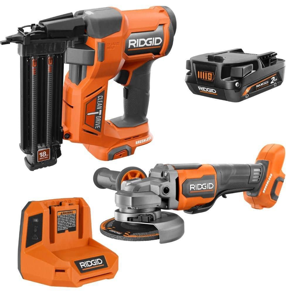 RIDGID 18V Brushless 18-Gauge Brad Nailer w/ 2.0 Ah Battery & Charger w/ 18V Brushless 4-1/2 in. Angle Grinder (R09891KTR86047)