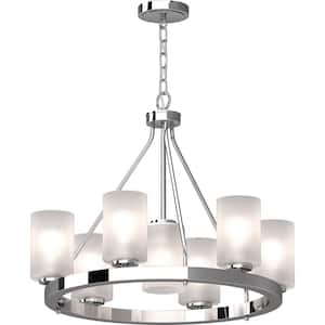 Emery 7-Light Chrome Indoor Hanging Chandelier with Frosted Glass Cylinder Shades