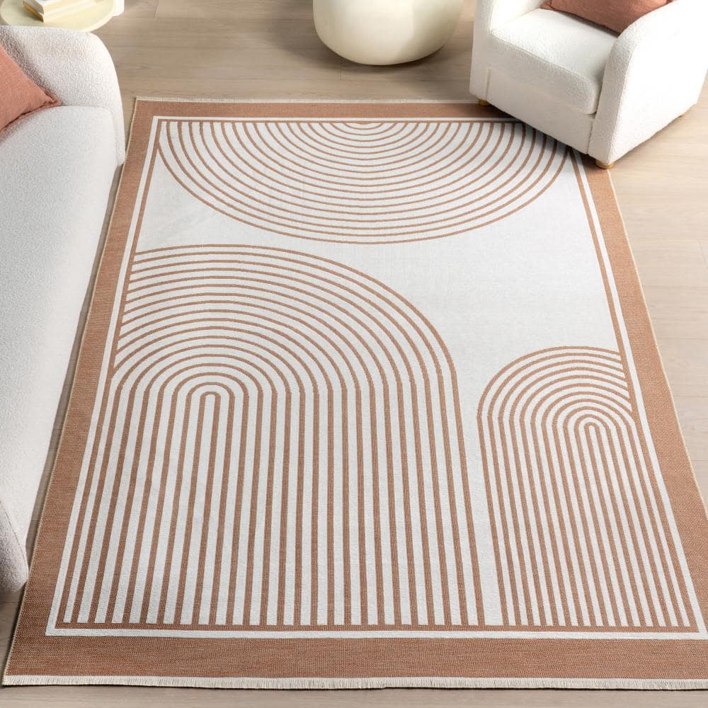 Burnt Orange and White Geometric Reversible 4' x 6' Area Rug