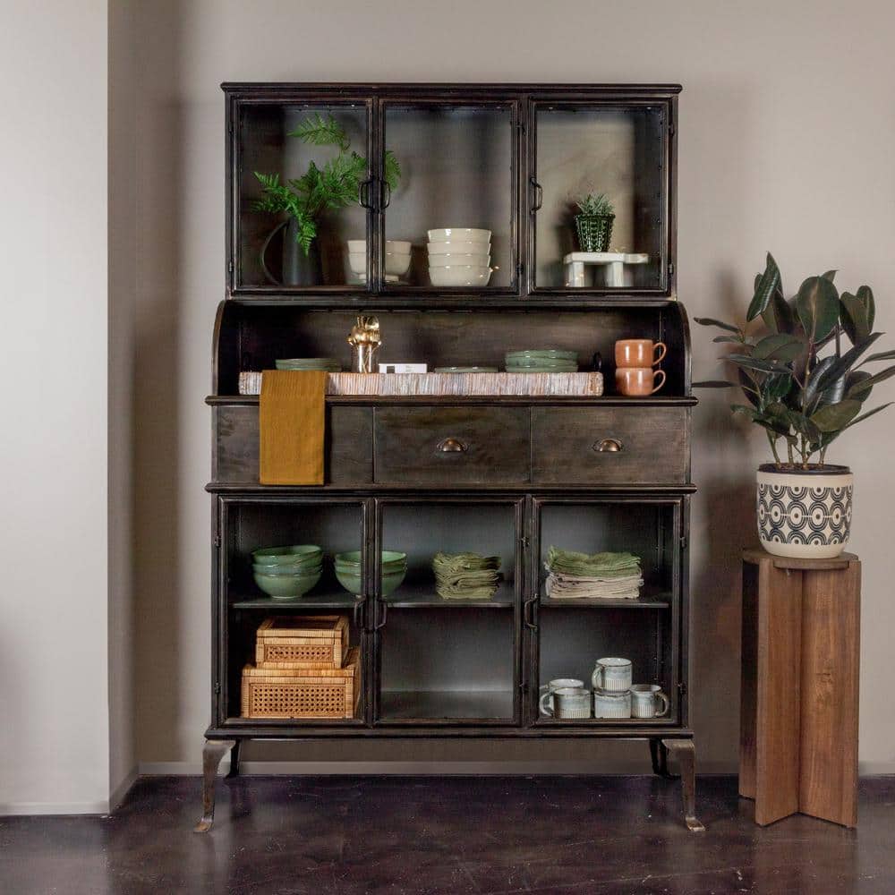 Storied Home Metal Storage Cabinet Black: Elegant Glass Doors, Geometric Hutch Design, Durable Iron Frame