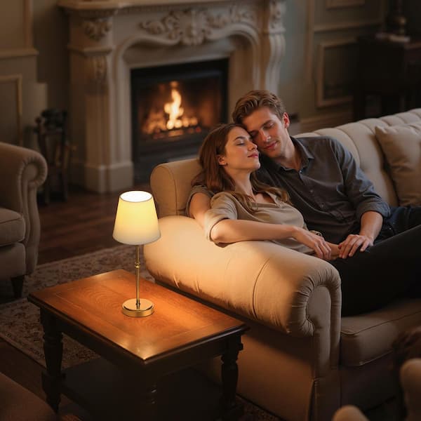 7 in. Gold LED Table Lamp, Stepless Dimmable Bedside Light with Fabric Shade for Bedroom, Dining Room, Office