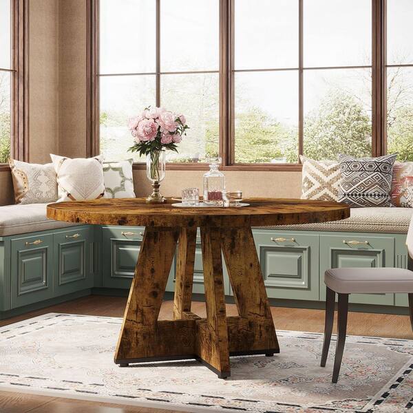 BYBLIGHT Roesler Vintage Brown Round Dining Table Wood 47 in. Pedestal Stylish Dining Table for 4A Blend of Function & Aesthetics