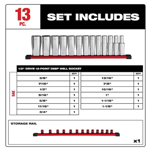 1/2 in. Drive SAE 12-Point Deep Well Socket Set (13-Piece)