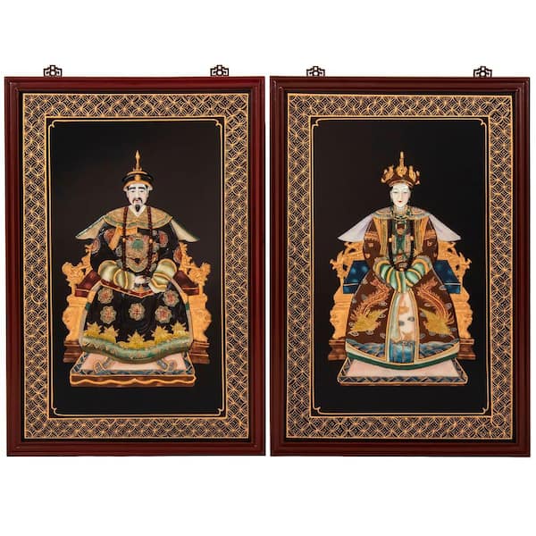 Oriental Furniture 48 in. x 36 in. Black "King and Queen" People Frameless Lacquer Wall Art