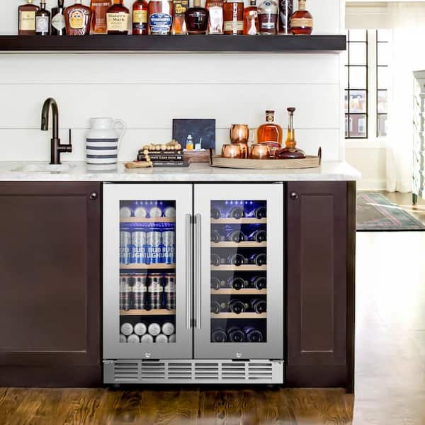 Nipus 30.31 in. Dual Zone 28-Bottles and 88-Cans Beverage and Wine Cooler in Silver Built in Wine Refrigerator 4-Handles