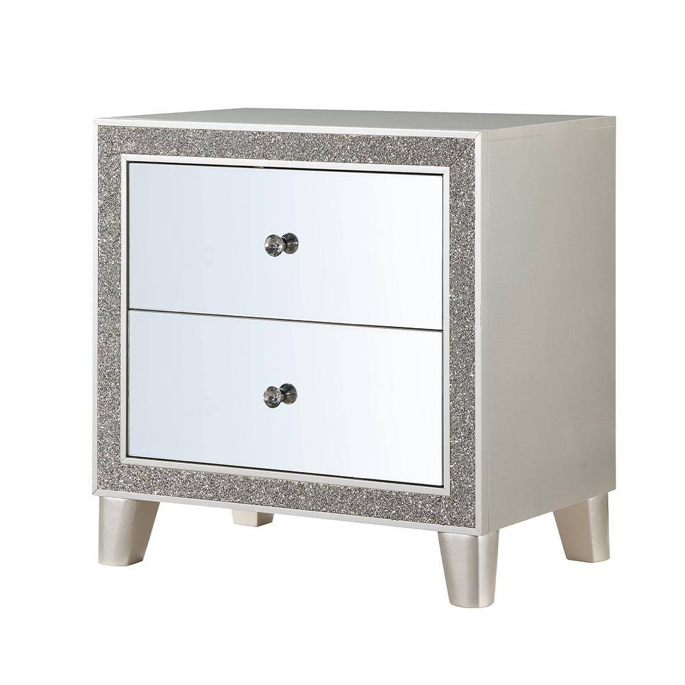 Elegant Mirrored Champagne Nightstand with 2 Solid Wood Drawers