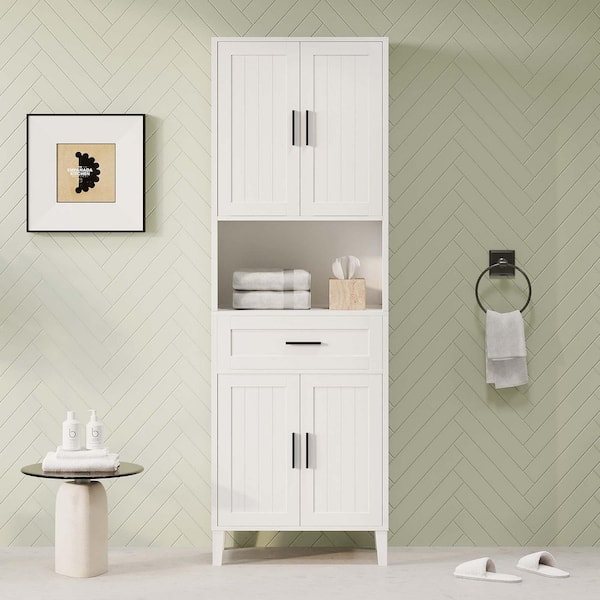 Bezeit 23.6 in. W x 13.8 in. D x 70.9 in. H White Freestanding Linen Cabinet with a Drawer and 4-Soft-Close Doors