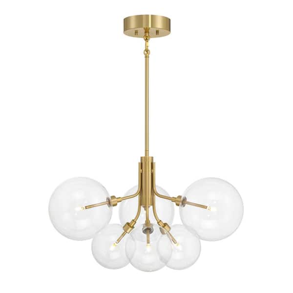 26.75 in. W x 15.5 in. H 6-Light Natural Brass Contemporary Chandelier with Clear Glass Shades and LED Light Bulbs