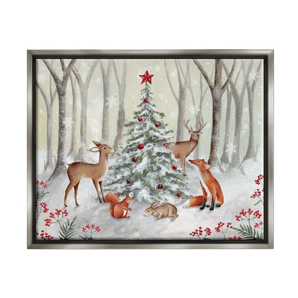 Stupell Industries Forest Animal & Christmas Tree by Emma Leach 1-Piece Floater Frame Graphic Print Animal Poster Art Print 31 in. x 25 in.