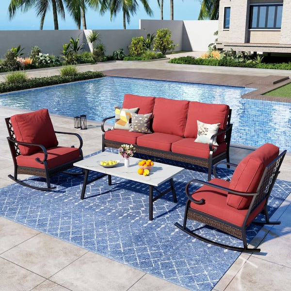 PHI VILLA 4-Piece Black Metal Outdoor Patio Conversation Seating Set with Rocking Chairs, Marbling Coffee Table and Red Cushions