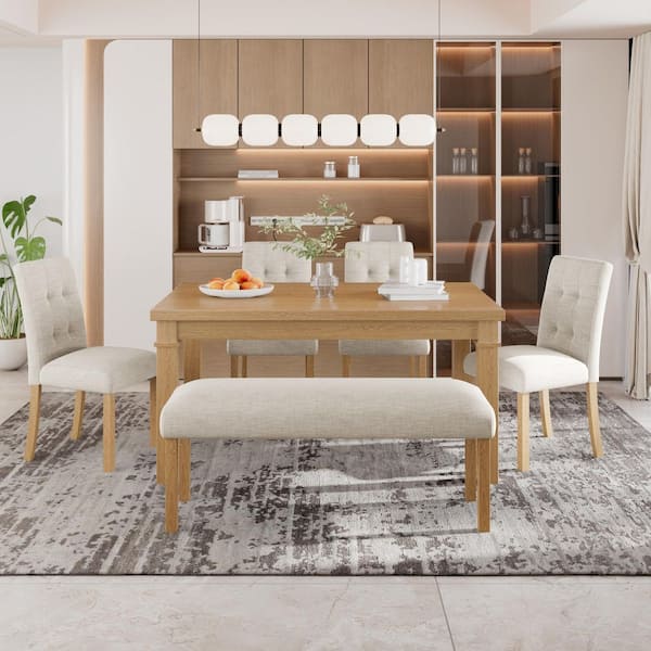 Sylvara Modern 6-Piece Rectangle MDF Top Dining Table Set with Bench and 4 Upholstered Chairs, Natural + Beige, 6 Seats