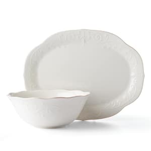 French Perle White 12 in. W 1.25 in. H 16 in. D White Stone Platter with Bowl (Set of 2)