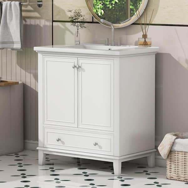 30 in. W Single Sink Freestanding Bath Vanity in White with White Ceramic Top, 2 Doors and 1 Drawer