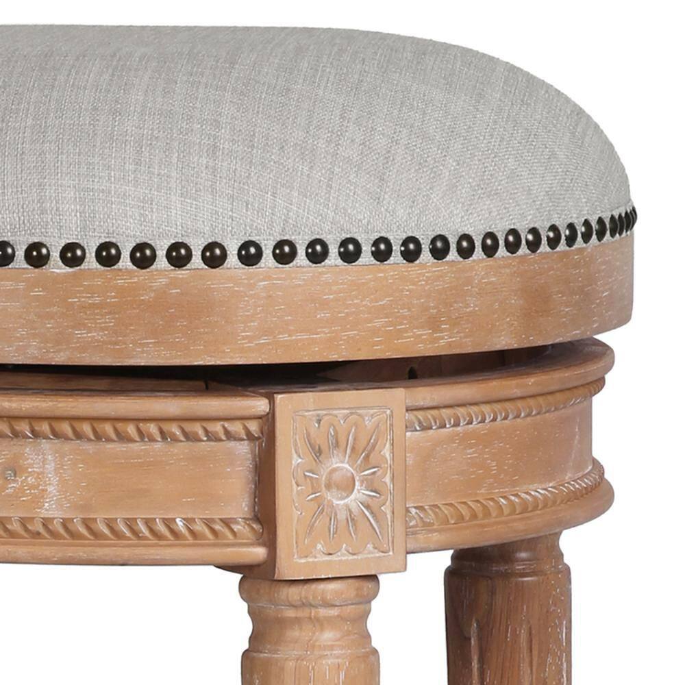 Weathered Natural Oak Backless Swivel Bar Stool with Gray Upholstered Seat