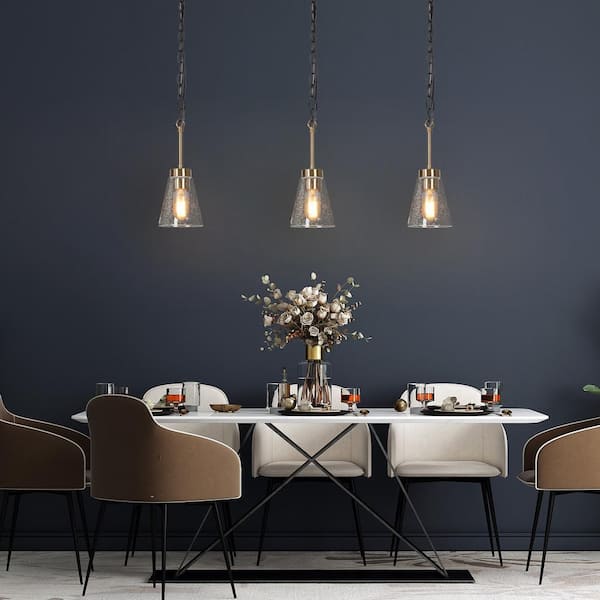 4.8 in. 1-Light Modern Transitional Plated Brass Pendant Light with Seeded Glass Shade for Dining Room, Kitchen Island