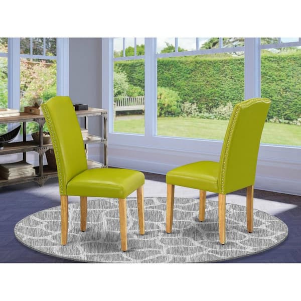East West Furniture Oak, Parsons Dining Chairs - Nailhead Trim Autumn Green Faux Leather Upholstered Chairs, Set Of 2