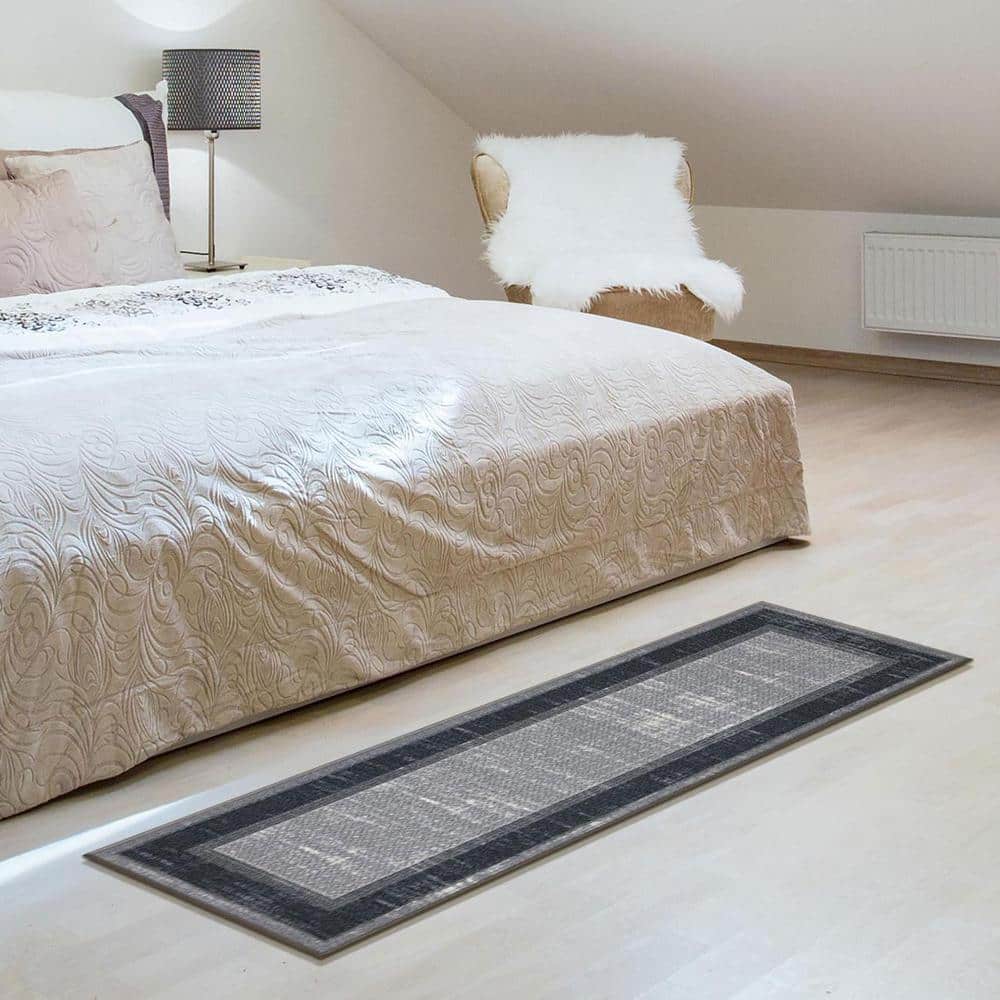 Gray and Black Machine Washable Non-Slip Runner Rug