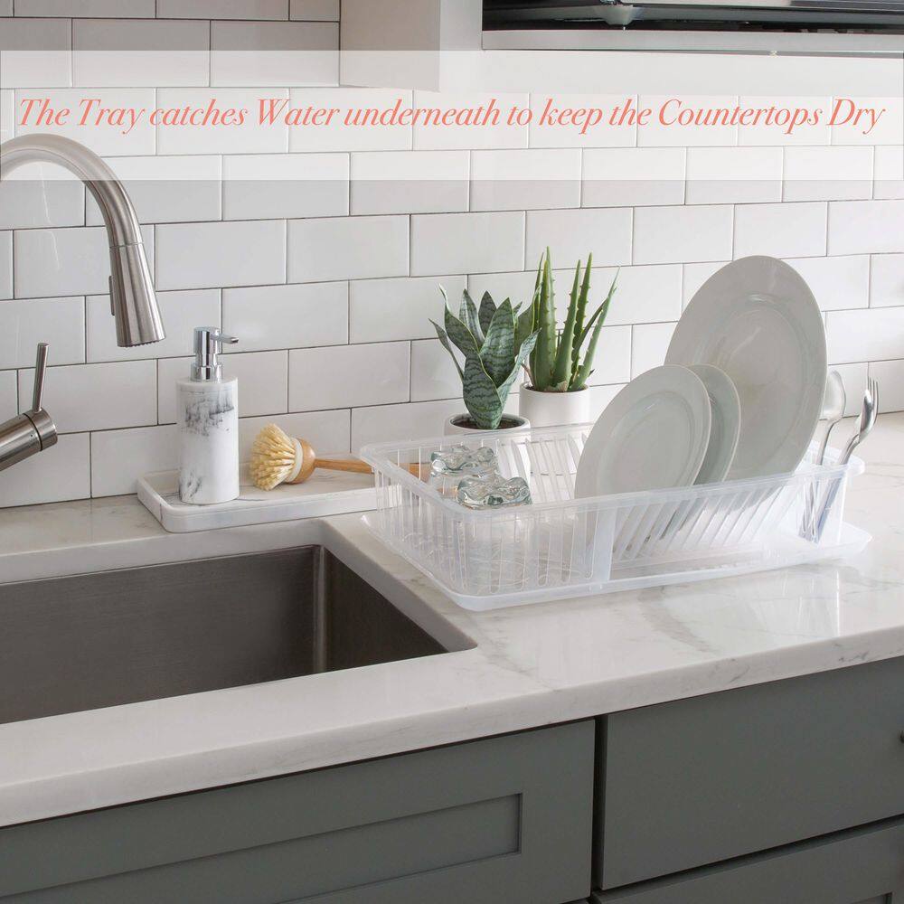 Clear Plastic Dish Rack with Utensil Cup
