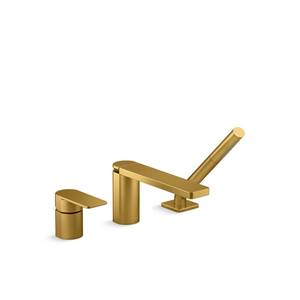 Parallel Single-Handle Deck-Mount Roman Tub Faucet with Handheld Shower Head in Vibrant Brushed Moderne Brass