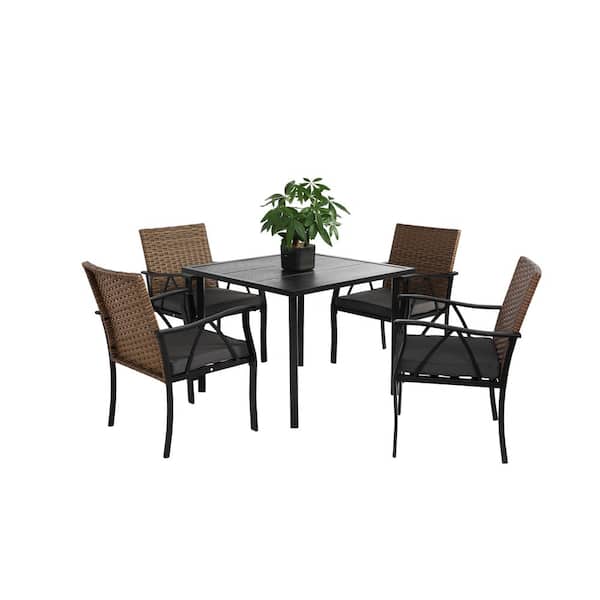 5-Piece Wicker Outdoor Dining Set with Dark Gray Cushion, Steel Tabletop and Umbrella Hole, Patio Table and Chairs Set