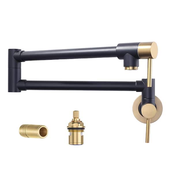Wall-Mounted Pot Filler Faucet with Dual Handles and 360° Swing in Black and Gold