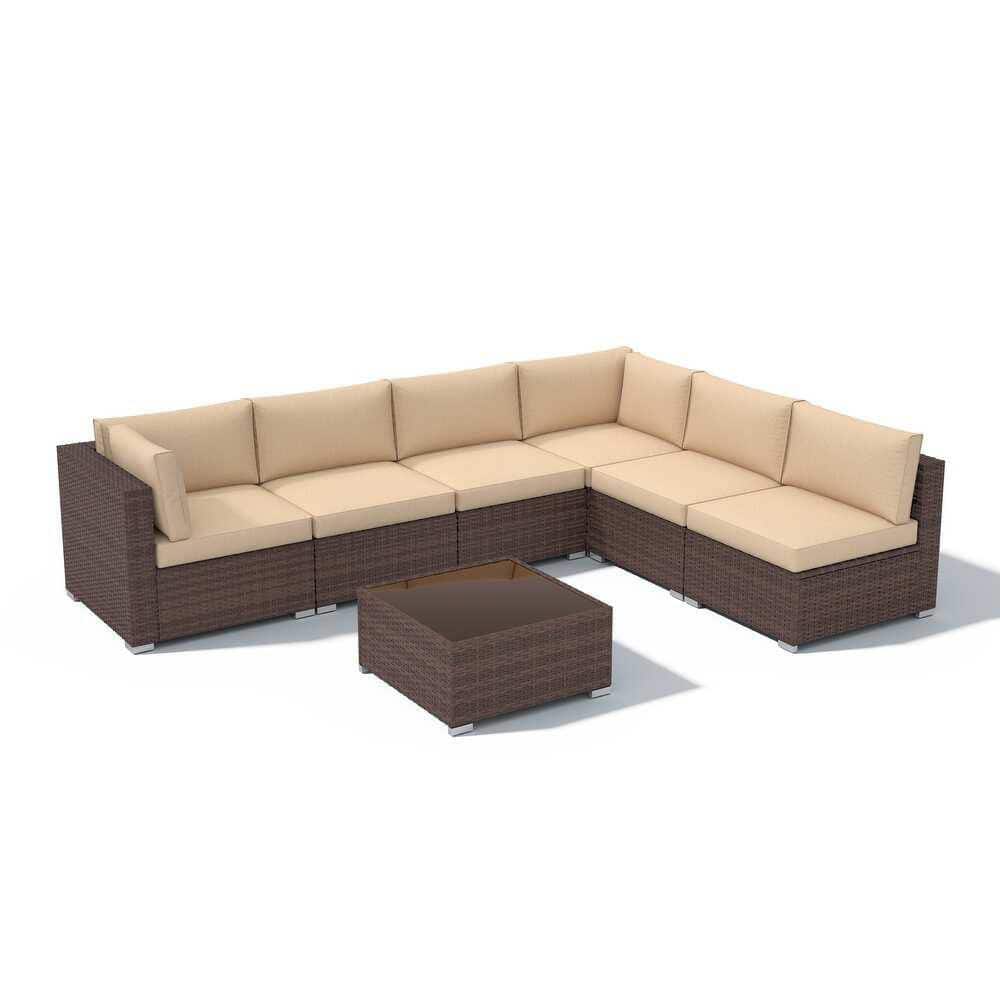 Brown Frame 7-Piece Wicker Outdoor Sectional Set, Patio Sofa Set with Coffee Table, Beige Cushions price history on PriceWatchPro