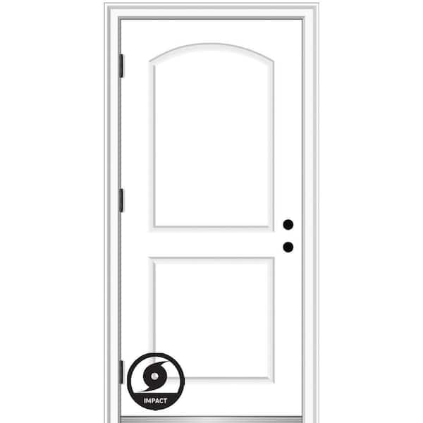 MMI DOOR 32 in. x 80 in. Severe Weather Right-Hand Outswing 2-Panel Arch Primed Fiberglass Smooth Prehung Front Door