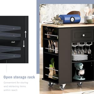 Black Rubber Wood 39.8 in. W Kitchen Island with Power Outlet, Adjustable Storage and Wine Rack