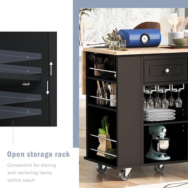 Black Rubber Wood 39.8 in. W Kitchen Island with Power Outlet, Adjustable Storage and Wine Rack