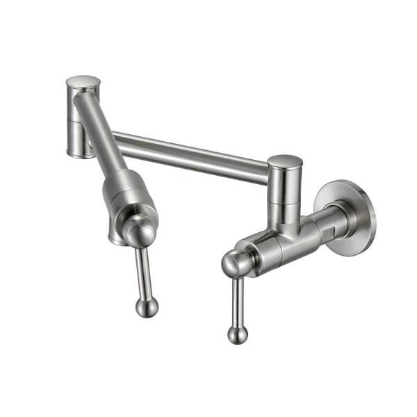 Brushed Nickel Wall Mount Pot Filler Kitchen Faucet With Double Joint Swing Arm 