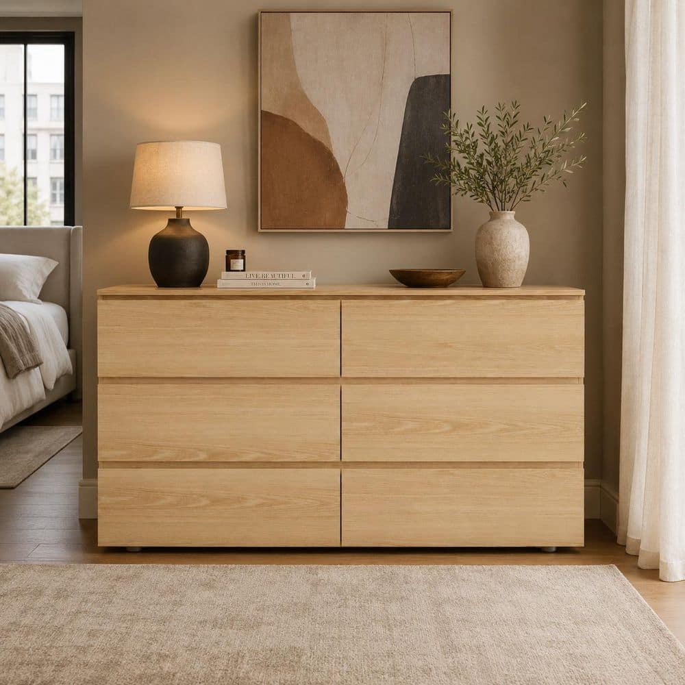long 6 drawer dresser FUFU&GAGA Yellow Wood Grain 6 Drawers 59 in. W Wooden Chest of Drawers,  Dresser, Storage Cabinet L-THD-200151-05