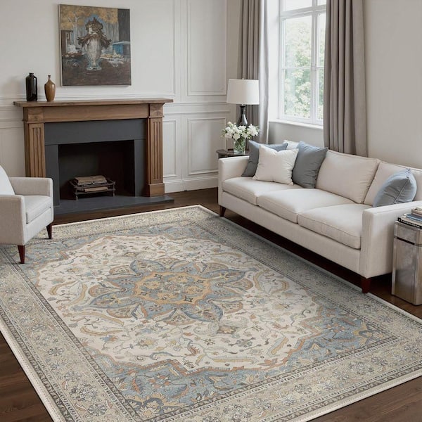 Samar Machine Washable Beige/Blue 6 ft. x 9 ft. Medallion Indoor Area Rug