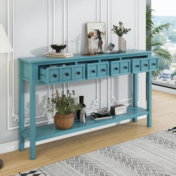 Harper & Bright Designs Vintage 60 in. Turquoise Green Rectangle Wood Console Table with Drawers and Open Shelf