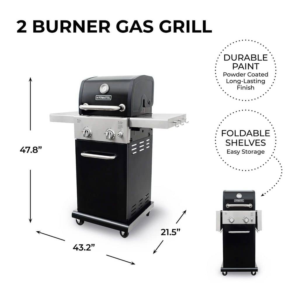 Compact Black Propane Gas Grill with Foldable Side Tables