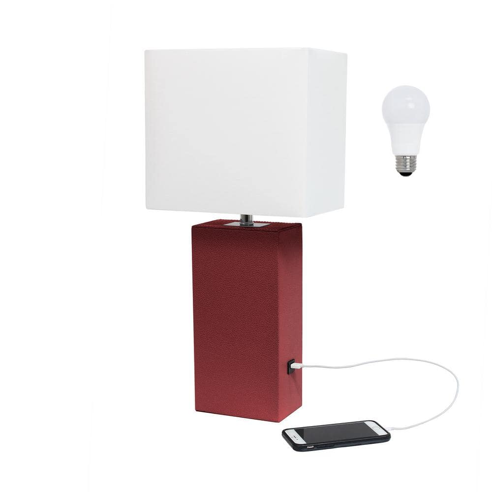 21 in. Red Modern Leather Wrapped Table Lamp, with LED Bulb Included