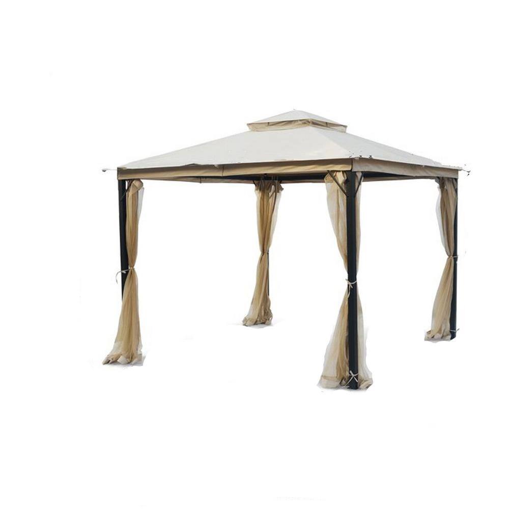10x10 Beige Galvanized Steel Patio Gazebo with Curtains and Netting