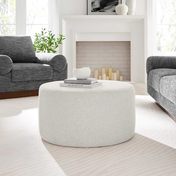 MODWAY Callum Large 29 in. Round Woven Heathered Fabric Upholstered Ottoman in Heathered Weave Ivory