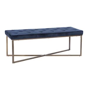 Rizzo Dark Blue Velvet Upholstered Tufted Bench