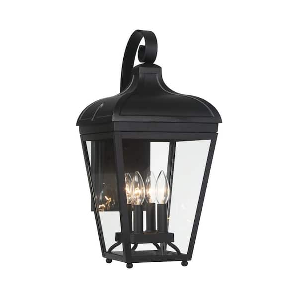 Marquee 21 in. Sand Black Outdoor Hardwired Lantern Wall Sconce with Clear Glass Shades and No Bulb Included