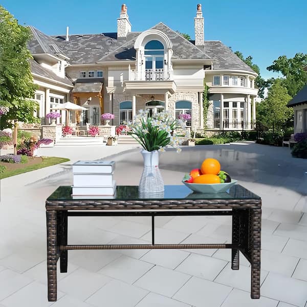Unbranded Brown Rectangle Wicker Outdoor Coffee Table with Tempered Glass Top