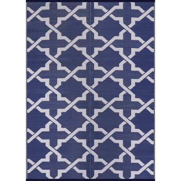 5 X 8 Blue White Lightweight Trellis Reversible Plastic Indoor Outdoor Area Rug