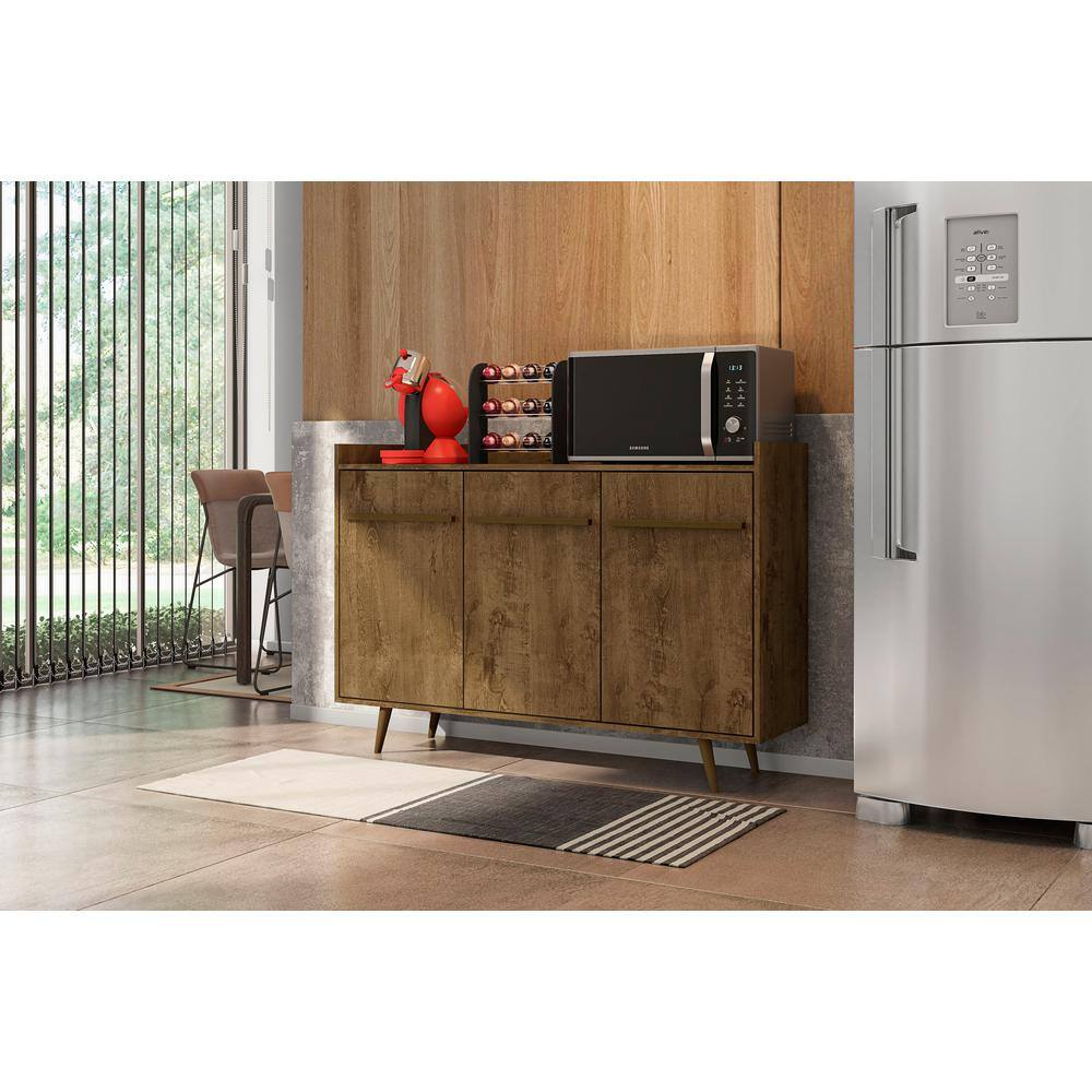 Rustic Brown Mid-Century Modern Buffet Stand with 4 Shelves