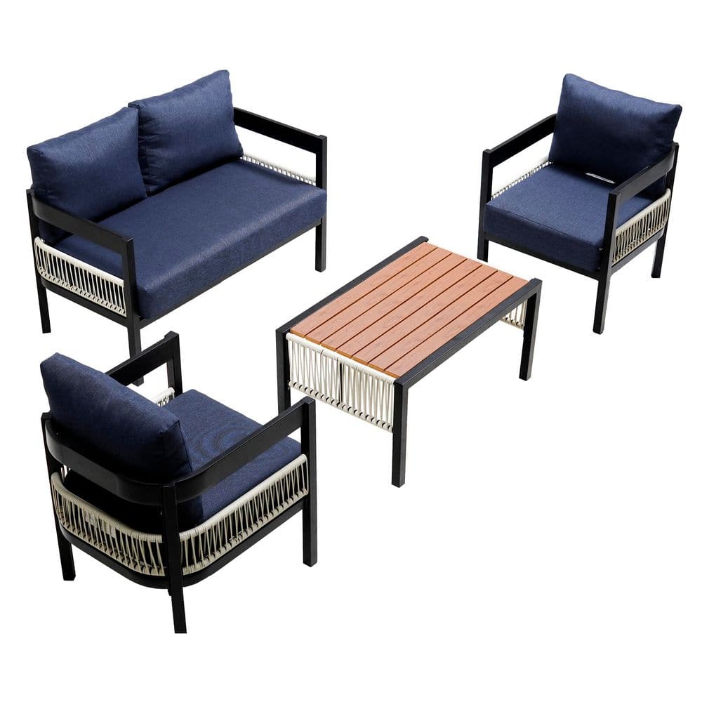 4-Piece Metal Patio Conversation Set with Dark Blue Cushions and Table