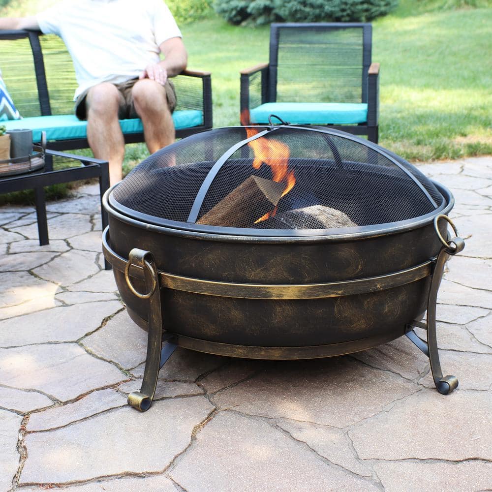 34-Inch Dark Bronze Steel Cauldron Style Fire Pit with Spark Screen