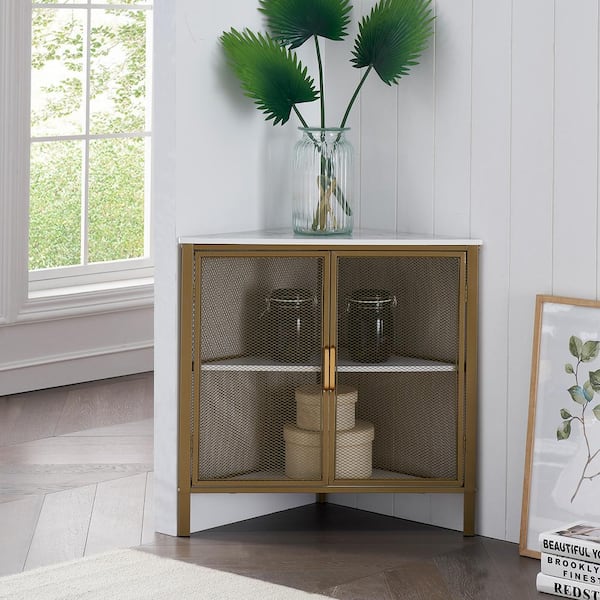 3-Tiers Corner Shelf Metal Frame Shelves Storage Organizer Ventilation Protection Door Gold 20 in. x 20 in. x 27.6 in.